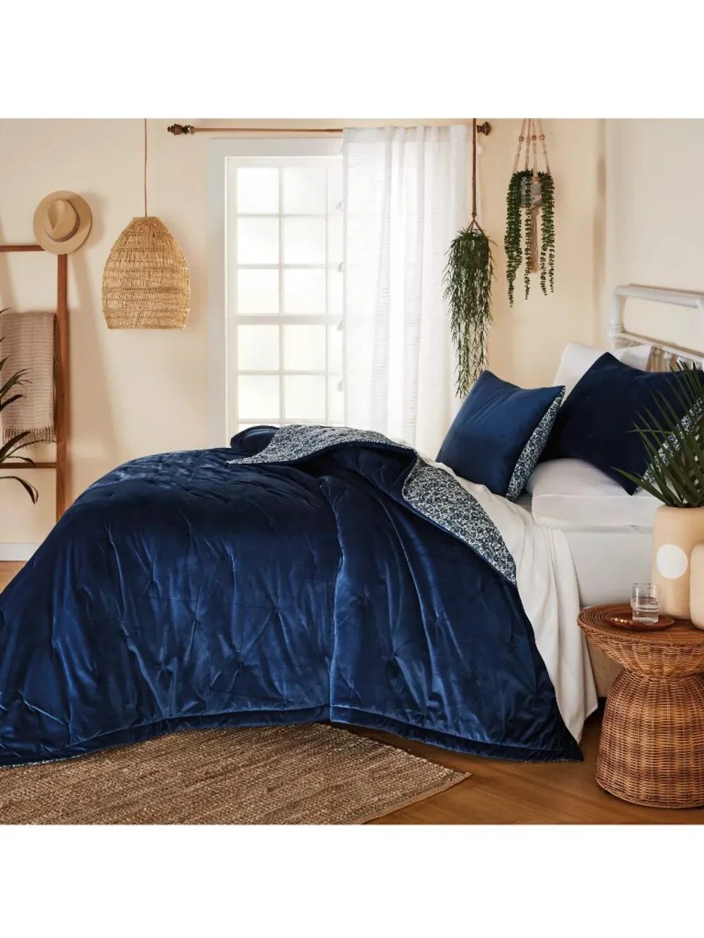 3-pc DENIM BLUE Wild Sage Velvet Floral Reversible FULL QUEEN Quilt Set NOT Navy